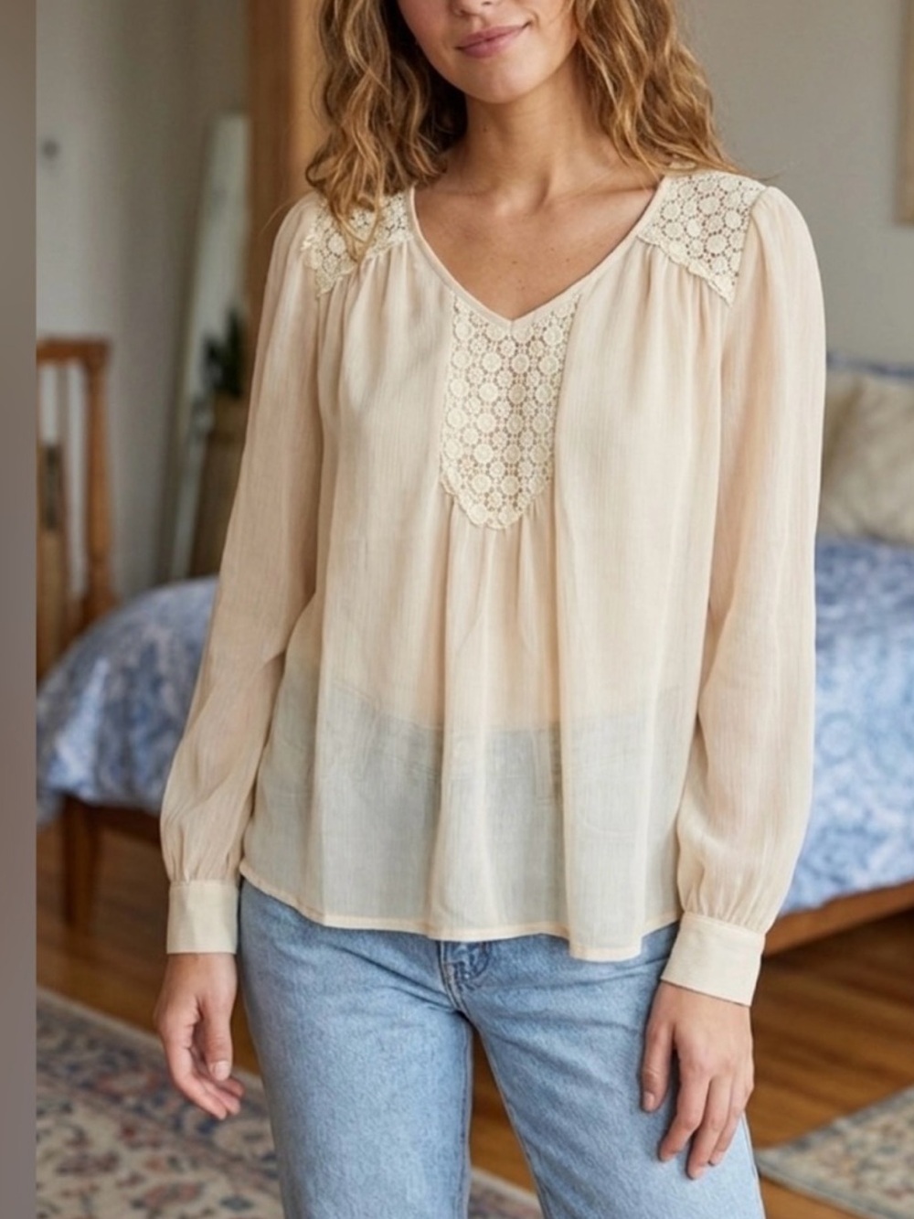 Angie Vintage Inspired Ivory Crochet Trim Blouse M